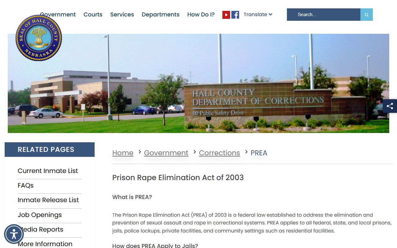 Hall County Department of Corrections PREA records and audit page