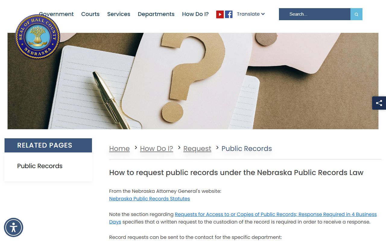 Hall County public records request page for booking photo and mugshot records